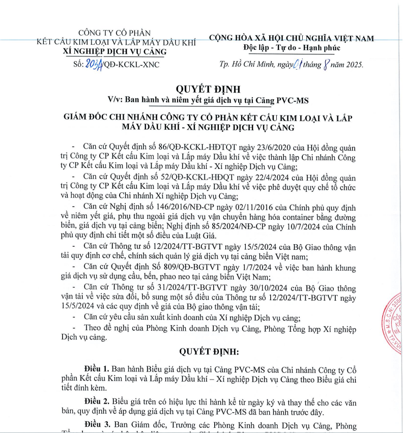 Ban hành và niêm yết giá dịch vụ tại Cảng PVC-MS